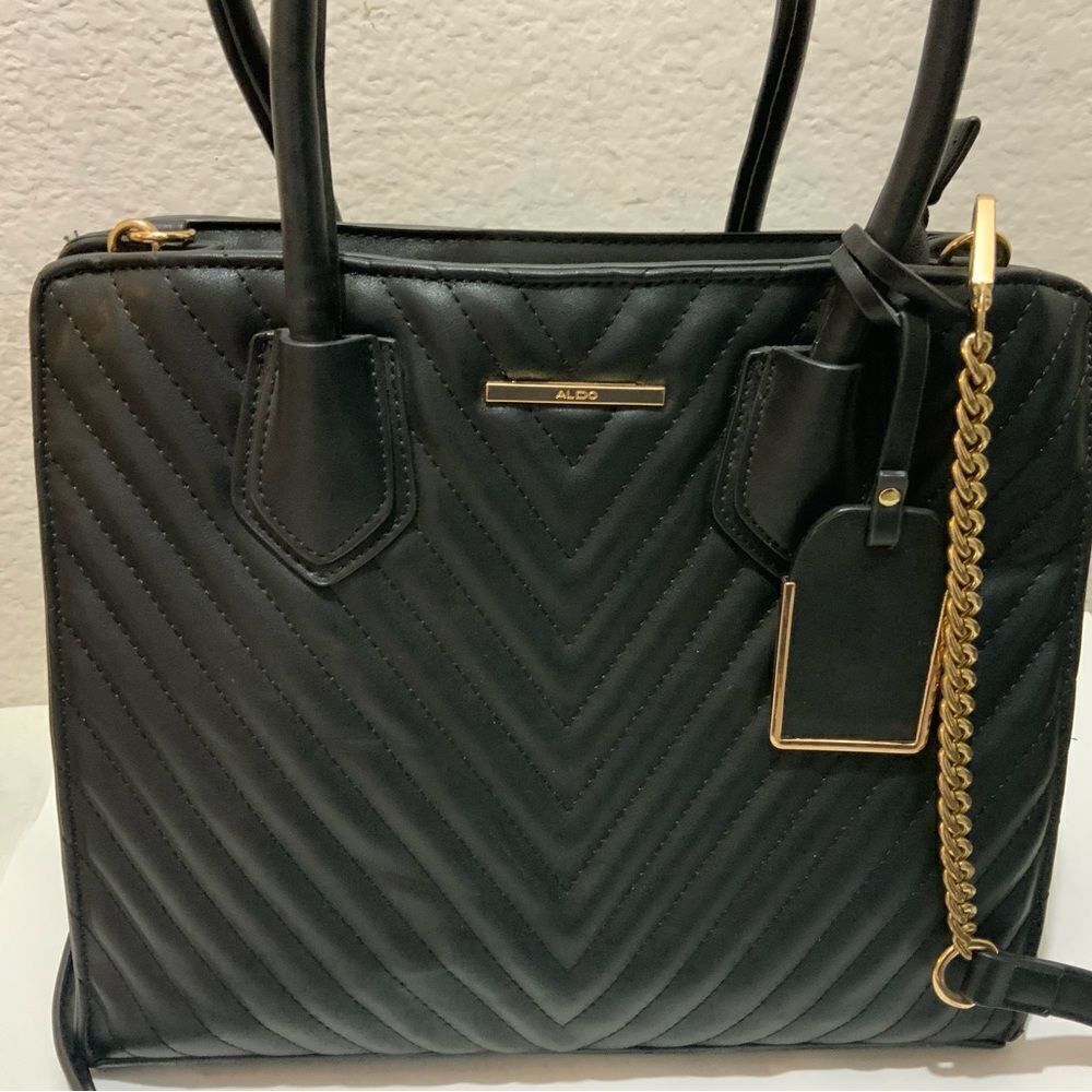 Aldo Womens Satchel Handbag Black Pockets Dual Handle Chain Zipper Faux Leather - Picture 16 of 16